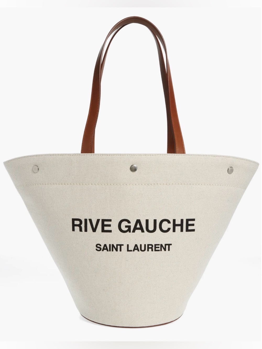 Saint Laurent Rive Gauche Canvas Tote in Cream with Brown Leather Handles